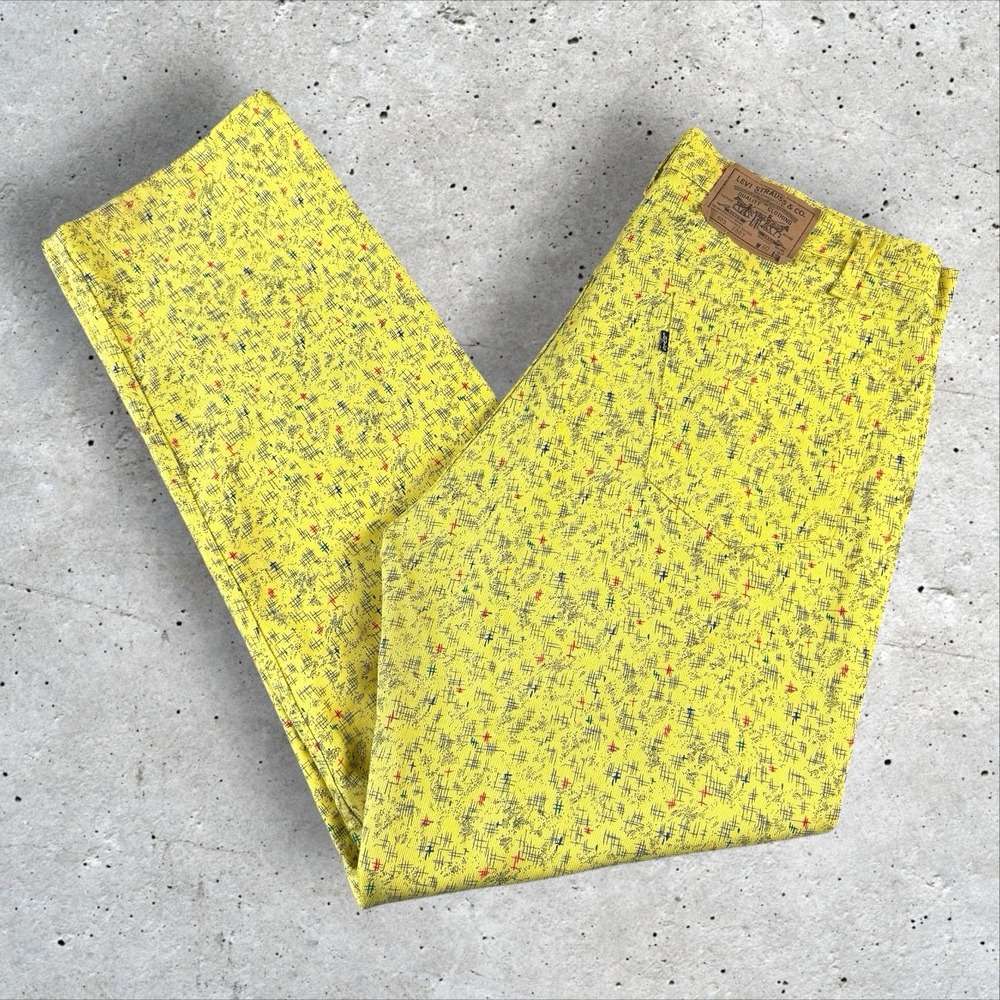 Vintage Levis 505 Yellow Geometric Graphic Denim Jeans Fits 38x33 USA Made RARE‎